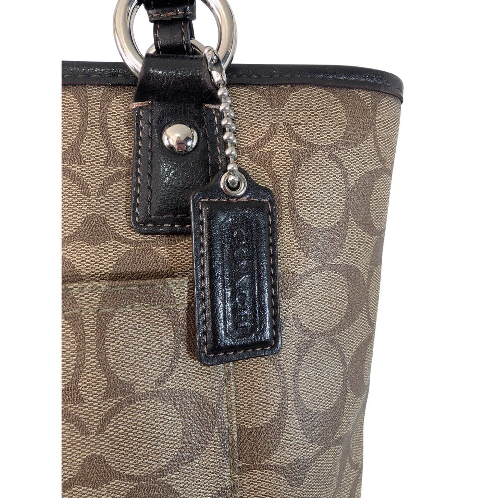 COACH! LUXE BROWN GENUINE LEATHER & TAN MONOGRAM PEYTON HANDBAG, PURSE, BAG! - Picture 5 of 14